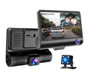 DASHCAM Primetechs Cámara para automóvil de tres cámaras, interior, frente, reversa, de 1080p y pantalla 4 pulgadas