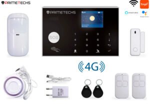 Alarma inalámbrica PRIMETECHS WIFI y 4G con pantalla touchscreen para sensores inalámbricos y alámbricos, sirena exterior y notificación por aplicación celular TUYA. Compatible con Alexa y Google Home.