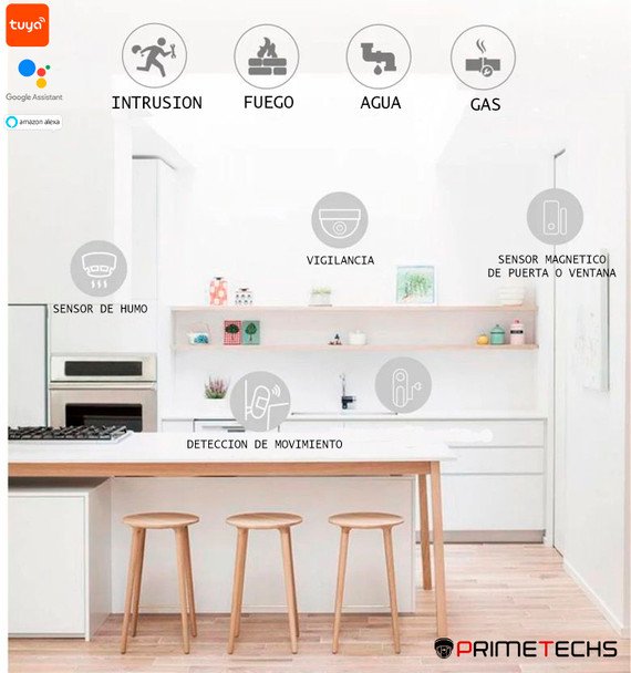 Alarma inalámbrica PRIMETECHS para sensores inalámbricos sirena integrada y notificación por aplicación celular TUYA. Compatible con Alexa y Google Home.