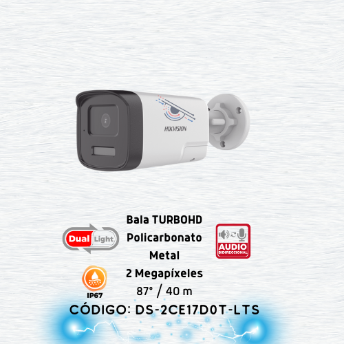 [Audio Bidireccional + Dual Light + ColorVu] Bala TURBOHD 2 Megapixel (1080p) / Lente 3.6 mm / 40 mts IR EXIR + 40 mts Luz Blanca / Micrófono y Bocina Integrado / Exterior IP67 / dWDR