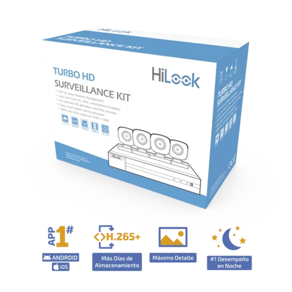 KIT TurboHD 1080p / DVR 8 canales con H.265+ / 4 Cámaras Bala Metálicas / Fuente de Poder / Accesorios de Instalación