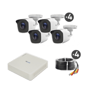 Kit TurboHD 720p / DVR 4 canales / 4 Cámaras Bala de Metal / 4 Cables 18 Mts / H.265+ / 1 Fuente de Poder Profesional / Accesorios de Instalación