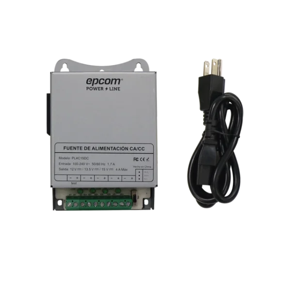 Fuente de Poder Metálica / Para 4 Cámaras / Ajustables a 12 o 13.5 o 15 Vcc / 4 Amperes / Instalación en Pared.