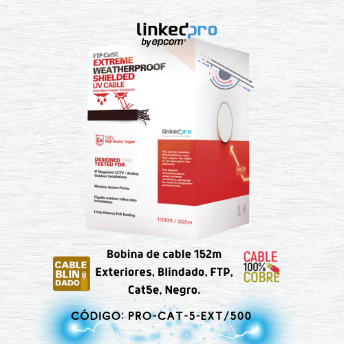 Bobina de cable de 152 m, Cat5e, FTP, blindado, para intemperie, color negro, UL, color negro, para aplicaciones en video vigilancia, redes de datos.