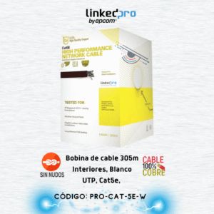Bobina de cable de 305 m, ( 1000 ft ), Cat5e, alto rendimiento, color blanco, UL, para aplicaciones en video vigilancia, redes de datos. Uso en interior