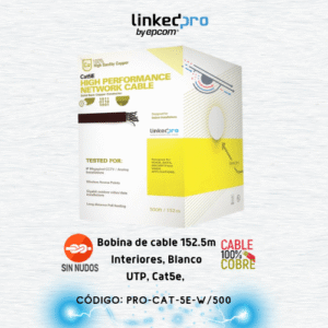 Cable Cat5e de alto rendimiento certificaciones ETL, UL, de 500 ft ( 152.5 m ) de color Blanco, para aplicaciones en video vigilancia, redes de datos. Uso Interior.