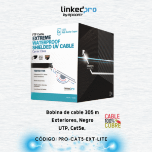 Bobina de cable de 305 m, Cat5e, color negro, sin blindar, para aplicaciones de video vigilancia, redes de datos. Uso en intemperie