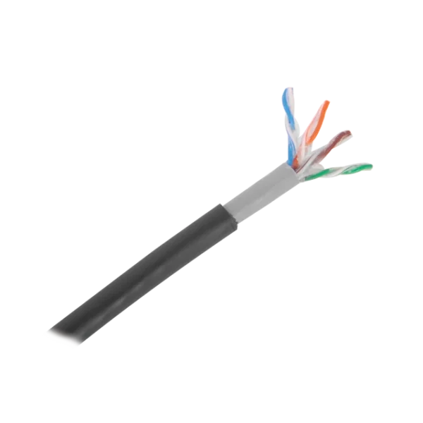 Bobina de cable de 305 m, Cat5E, con gel, para intemperie, doble forro extrema humedad, bajo tierra, UL, color negro para aplicaciones en video vigilancia, y redes de alta velocidad.