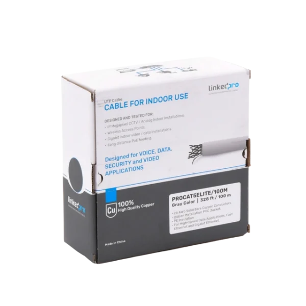 Bobina de cable de 100m, Cat5e, 24 AWG, color Gris, UL, para aplicaciones en videovigilancia, redes de datos. Uso Interior