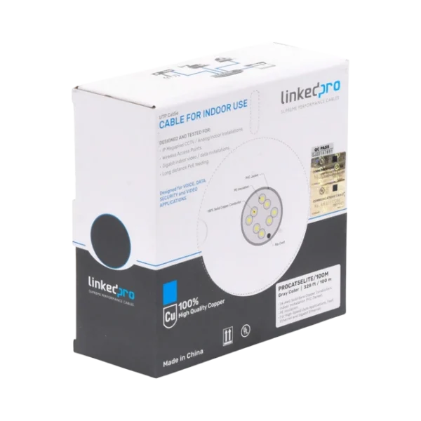 Bobina de cable de 100m, Cat5e, 24 AWG, color Gris, UL, para aplicaciones en videovigilancia, redes de datos. Uso Interior