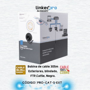 Bobina de cable de 305 m, Cat5e , FTP, blindado, color negro, UL, para aplicaciones en video vigilancia, redes de datos. Uso en Intemperie