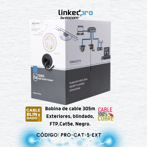 Bobina de cable de 305 m, Cat5e , FTP, blindado, color negro, UL, para aplicaciones en video vigilancia, redes de datos. Uso en Intemperie