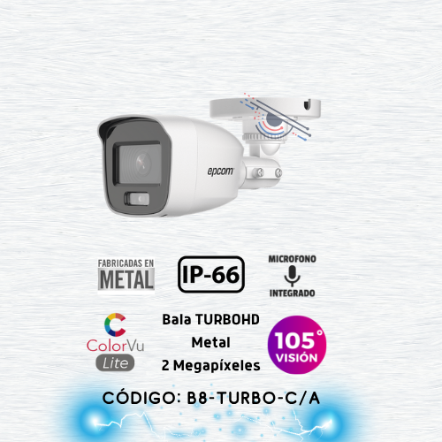 [ColorVu] Bala TURBOHD 2 Megapíxel (1080p) / Microfono Integrado / Imagen a color 24/7 / Lente 2.8 mm / METAL / Luz Blanca 20 mts / Exterior IP66 / TVI-AHD-CVI-CVBS / dWDR
