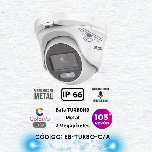 [ColorVu] Eyeball TURBOHD 2 Megapíxel (1080p) / Lente 2.8 mm / Microfono Integrado / Imagen a Color 24/7 / METAL / Luz Blanca 20 mts / Exterior IP66 / TVI-AHD-CVI-CVBS / dWDR
